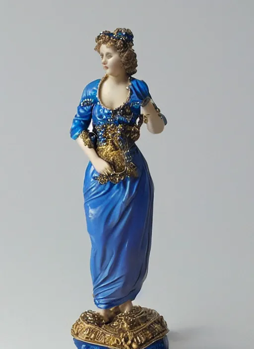 Image similar to 80mm, resin detailed model figure of a female wearing a blue baroque dress with glod ornaments