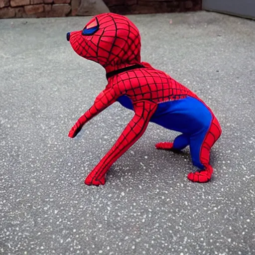 Prompt: dog wearing spiderman suit