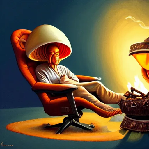 Image similar to painting of a mushroom alien sitting in a recliner by the fire smoking a pipe and wearing a soft robe and slippers, symmetrical, elegant intricate digital painting, trending on artstation, by normal rockwell