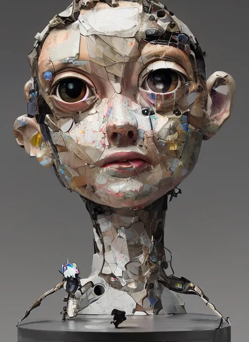 Prompt: professional art magazine photograph of a contemporary art sculpture of a modular quirky yorha android, by hikari shimoda, by jack gaughan