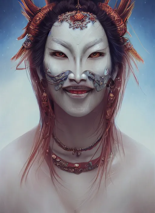 Image similar to a beautiful detailed oil on copper art illustration of a japanese tengu mask woman, centered, by charlie bowater, zeng fanzh, trending on artstation, dim dusk lighting, cinematic lighting, detailed lighting, volumetric lighting, realistic, f 8, 4 k hd wallpaper