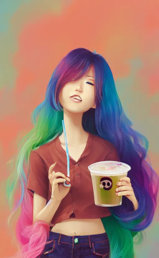 Image similar to a kawaii woman with rainbow hair, happy, summer time, holding boba tea drink, soft eyes and narrow chin, dainty figure, long hair straight down, kawaii shirt and jeans, basic white background, In style of by Jordan Grimmer and greg rutkowski, crisp lines and color