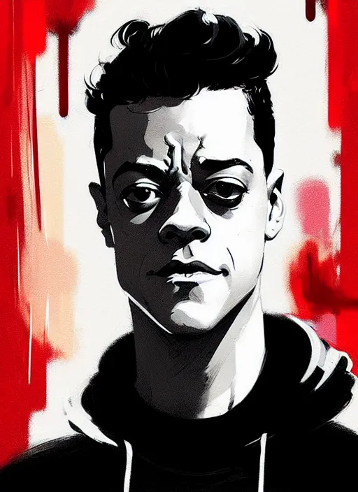 Image similar to highly detailed closeup portrait of rami malek, elliot alderson, black hoody by atey ghailan, by greg rutkowski, by greg tocchini, by james gilleard, by joe fenton, by kaethe butcher, gradient red, black and white color scheme, grunge aesthetic!!! ( ( graffiti tag wall background ) )