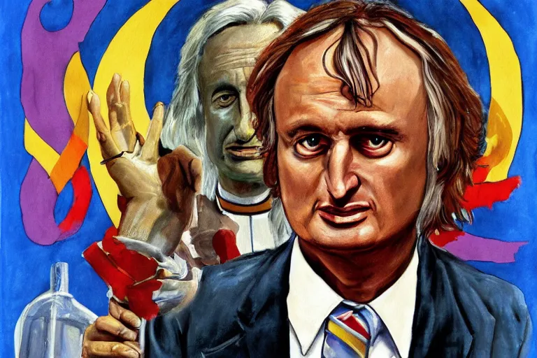 Image similar to painting of Richard Dawkins as High Satanic Priest, in style of Ghana movie poster