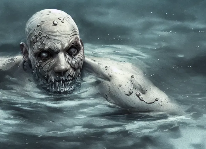 Image similar to a creepy drowned man crawling out of the water, white eyes, slimy, veiny skin, muscles, standing in shallow water, drowned, unsettling, creepy, artstation, cgsociety, illustration