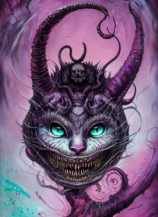 Prompt: cheshire cat, call of cthulhu, half skull half face, highly detailed, cinematic, 8 k, by megan duncanson, benjamin lacombe, adrian borda, stanley artgermm, tom bagshaw, craig mullins, carne griffiths, ayami kojima, beksinski, giger, trending on deviantart, hyper detailed, horror, full of colour