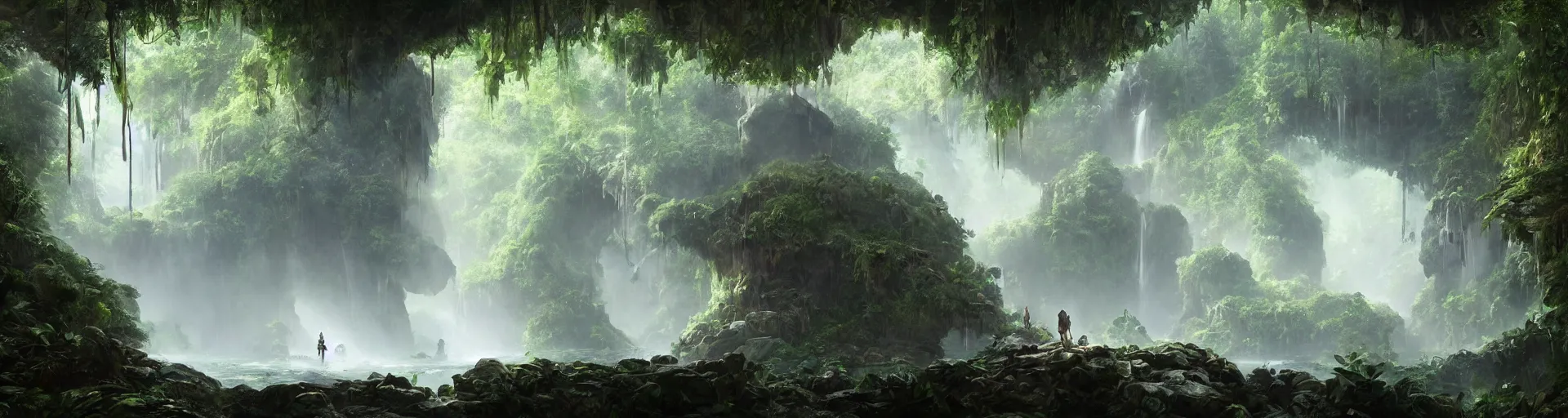 Prompt: a matte painting of a giant crystal skull imbedded in an underground cave , overgrown jungle , waterfalls , gorgeous composition , trending on artstation , in the style of greg rutkowski