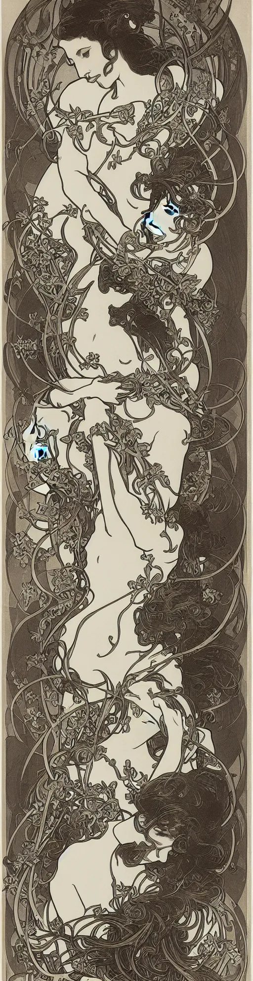 Image similar to engraving by alphonse mucha and gustave klint