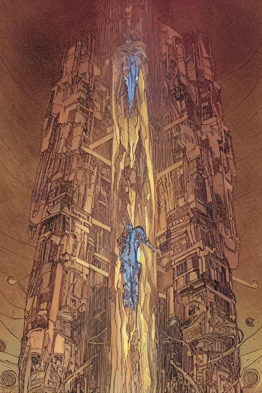 Prompt: comic book illustration, a very tall structure hovers 10 feet above the ground, scorched and cracked earth is below it and a young girl stands looking at it, cyberpunk concept art by Moebius and Alphonse Mucha, highly detailed, intricate, sci-fi, sharp focus, Trending on Artstation HQ, deviantart