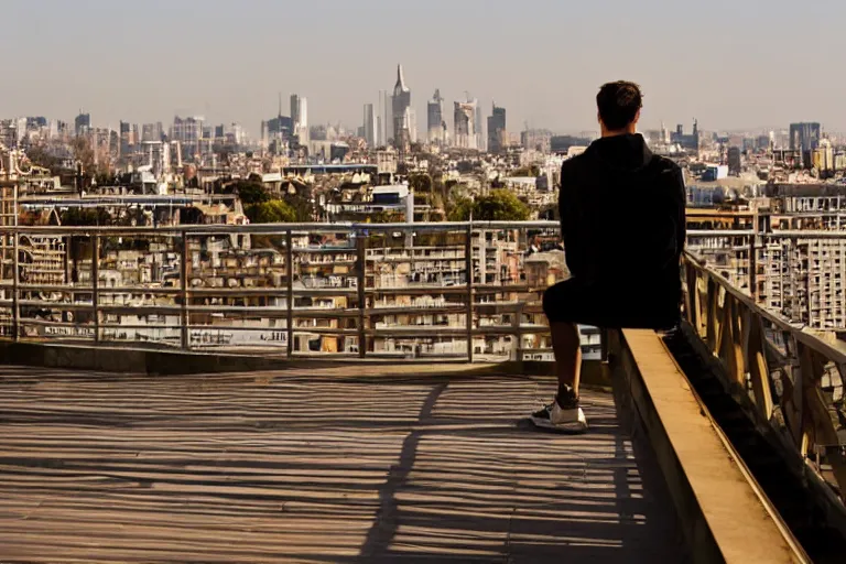 Image similar to A man sitting on a footbridge, city in the background