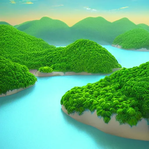 Prompt: dreamy landscape of a beautiful jungle ocean land, 3 d render