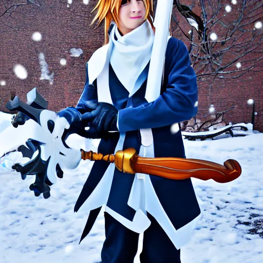 Prompt: of sora cosplay holding keyblade with snow background 85mm