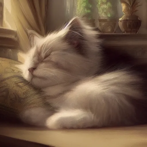 Image similar to cinematic view fluffy beutiful cat sleeping on the couch digital painting, artstation, concept art, soft light, hdri, smooth, sharp focus, illustration, fantasy, intricate, elegant, highly detailed, D&D, matte painting, in the style of Greg Rutkowski and Alphonse Mucha and artemisia, 8k, highly detailed, jurgens, rutkowski, bouguereau, pastoral, rustic, georgic