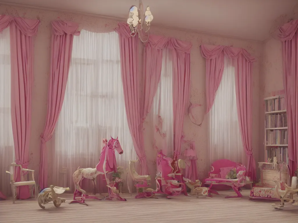 Image similar to 3D render of vintage interior house with very large pink curtains and toys on the floor and a rocking horse in the middle, High detail, Octane Render, faded colors, pastel colors