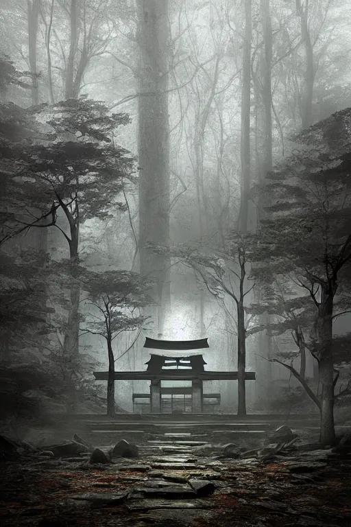 Image similar to Japanese abandoned temple in the woods, dark, moody, foggy, mysterious by Marc Simonetti