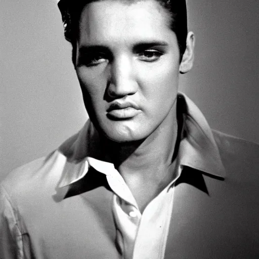 Prompt: a man who is a genetic combination of elvis presley and andy warhol, face and upper - body focus, detailed eyes, photograph taken in 1 9 5 5, award winning photograph