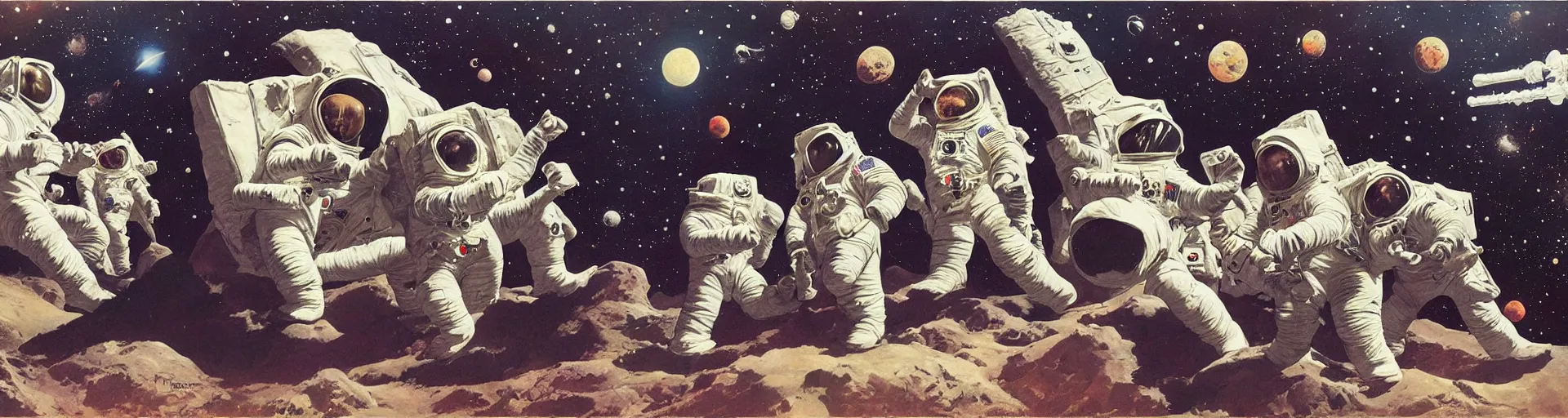 Prompt: astronauts playing music in the space by frank frazetta