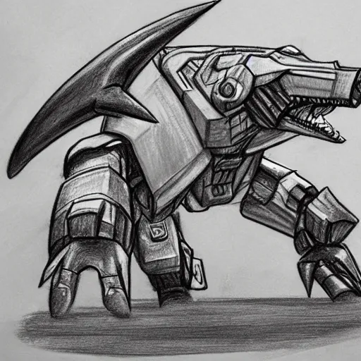 Image similar to a quick pencil sketch showing a full - body wide - shot of a giant athletic humanoid mecha robot punching a giant humanoid hammerhead shark kaiju in the head