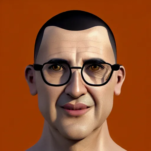 Prompt: 50 year old black haired man, round face with very short hair, buzz cut, round face, round face, round jaw, wide chin , romanian, silver silver glasses, romanian heritage, brown eyes, brown eyes, olive skin, round nose, round chin, clean shaven wide face,smiling, thin lips, digital art, concept art, cgsociety, painterly, painting, 8k, illustration, painting, dramatic, beautiful, art by loish loish loish, cartoon, stylized painterly, trending on artstation, medium shot, uncropped