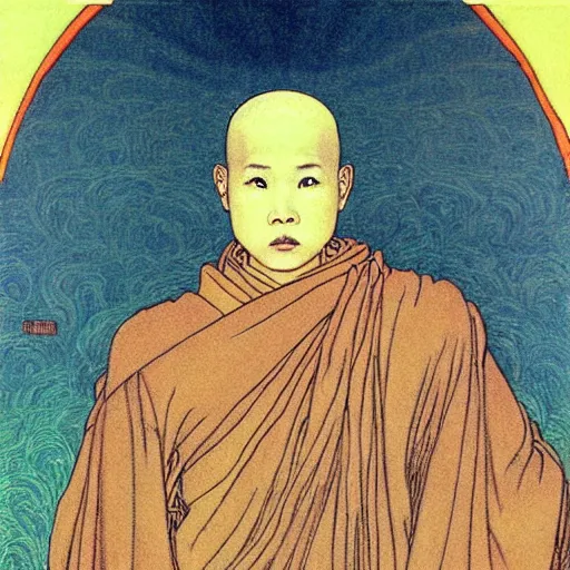 Prompt: , chinese boy monk, artstation, in the style of moebius, jugendstil and classic japanese print, art by jean delville