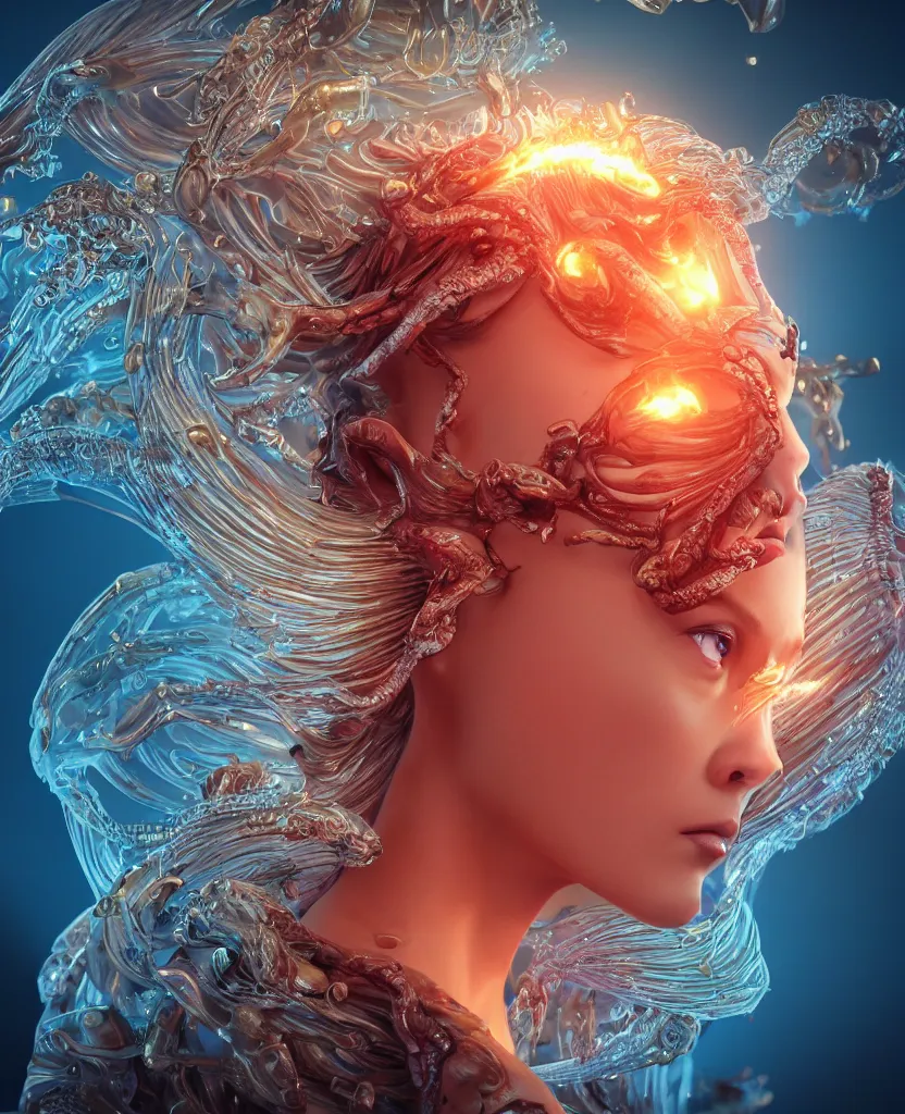 Image similar to close-up macro portrait of the face of a beautiful princess, epic angle and pose, symmetrical artwork, 3d with depth of field, blurred background, cybernetic jellyfish female face skull phoenix bird, translucent, nautilus, energy flows of water and fire. a highly detailed epic cinematic concept art CG render. made in Maya, Blender and Photoshop, octane render, excellent composition, cinematic dystopian brutalist atmosphere, dynamic dramatic cinematic lighting, aesthetic, very inspirational, arthouse. y Greg Rutkowski, Ilya Kuvshinov, WLOP, Stanley Artgerm Lau, Ruan Jia and Fenghua Zhong