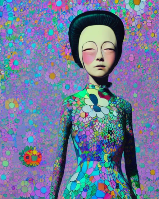 Image similar to A portrait of a woman with a dress designed by Takashi Murakami, fashion art by beeple