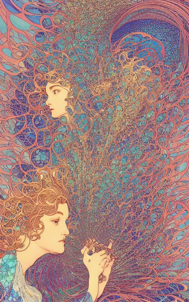 Prompt: wave, particle, synth, frequencies, pattern, oscillation. wave-particle duality. vibrant. fractal gems, fractal crystals, by jean giraud and by james jean by mucha.