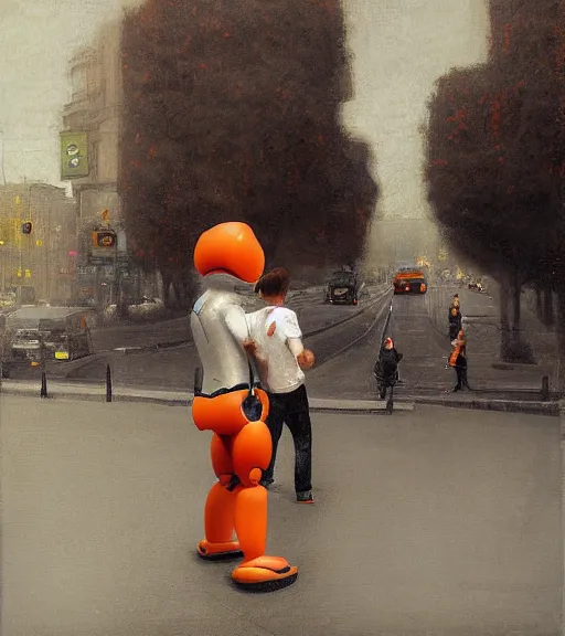 Image similar to : realistic photograph of an orange robot : helping an elderly man cross the street + by Edgar Maxence and Ross Tran