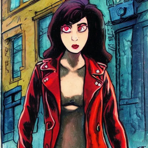 Image similar to young female protagonist in leather jacket, city street, artwork by ralph bakshi