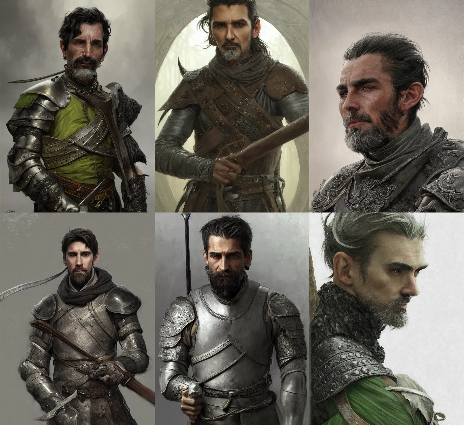 Prompt: medium-length portrait of a male ranger with a dark gray ponytail, a scraggly goatee, white skin, gray eyes, stern expression, intricate gray-green leather armor, medieval setting, highly detailed, digital painting, artstation, concept art, sharp focus, illustration, art by greg rutkowski and alphonse mucha