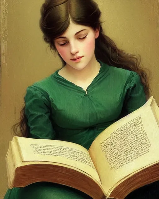 Prompt: a girl reading a book, her hair flowing down, beautiful face, oil on canvas, artstation, by j. c. leyendecker and edmund blair leighton and charlie bowater, beautiful face, octane, very aesthetic!!!!!!!!!!!!!!! stunning gorgeous green eyes