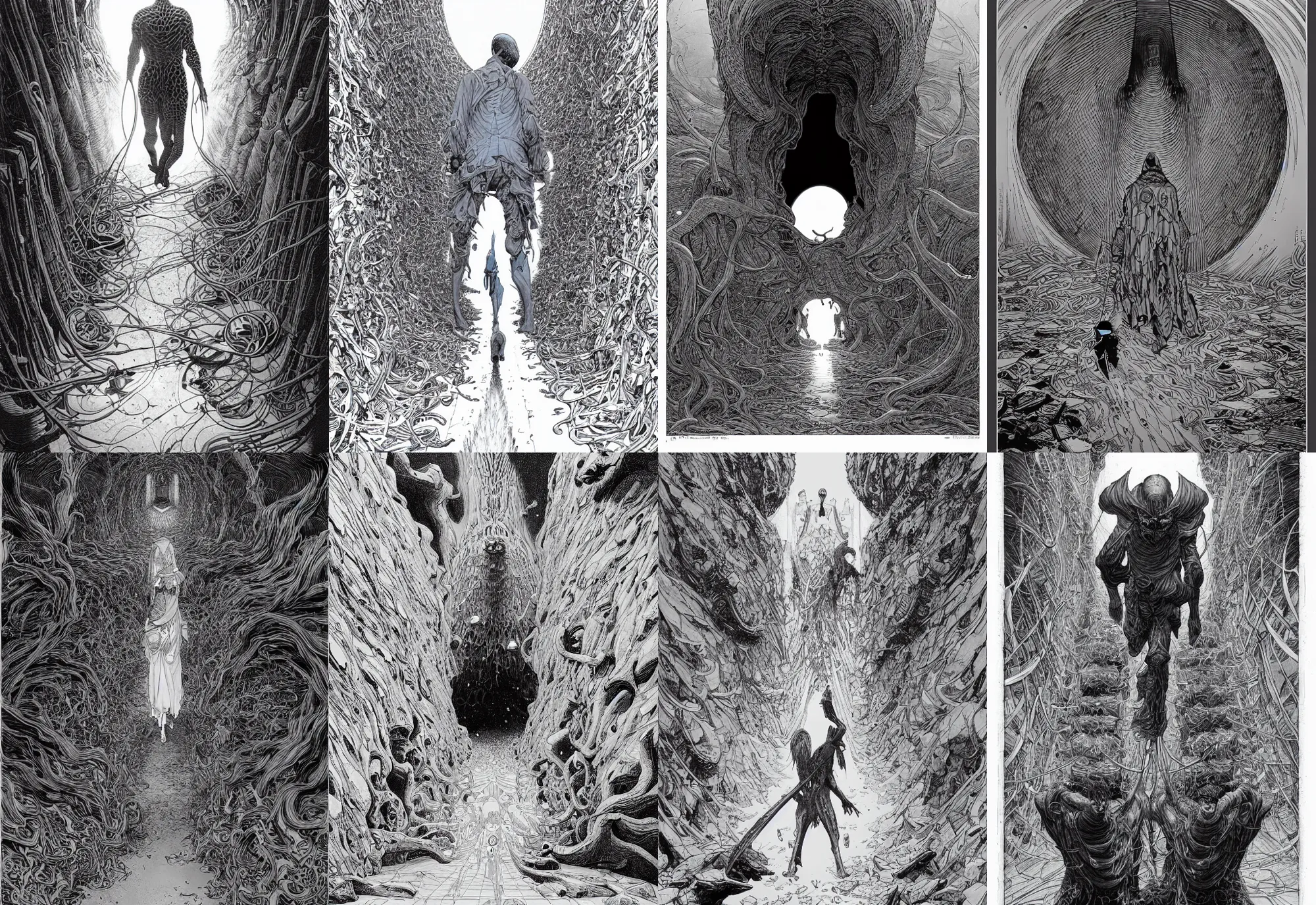Image similar to walking towards a portal, 2 meters, black and white illustration, by james jean and wayne barlowe and moebius
