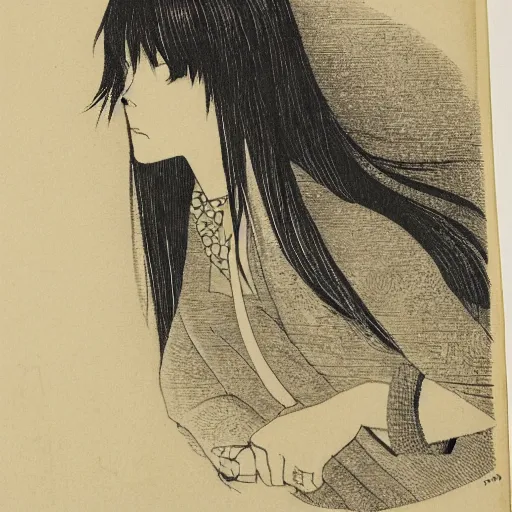 Image similar to Makise kurisu, engraving, old book, etching