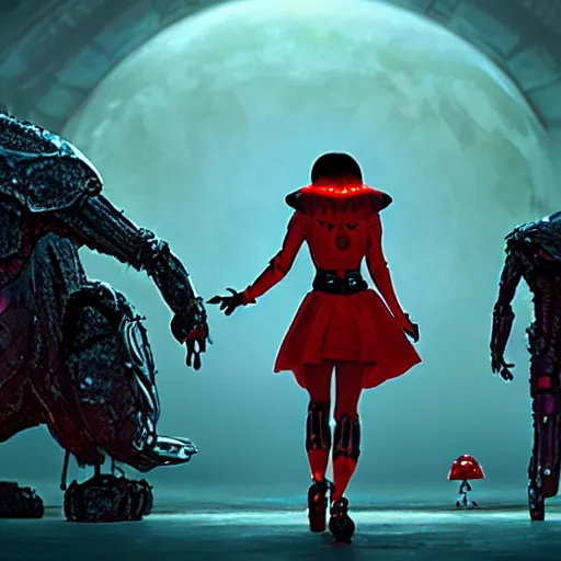 Prompt: film still, ladybug futuristic ( ( descendants ) ), ladybug quadruped with big rgb eyes, huge ladybug mothership, epic cosmos, dramatic lighting, the fellowship of the ring ( film ) blade runner ( film ) genre. imax, 7 0 mm.