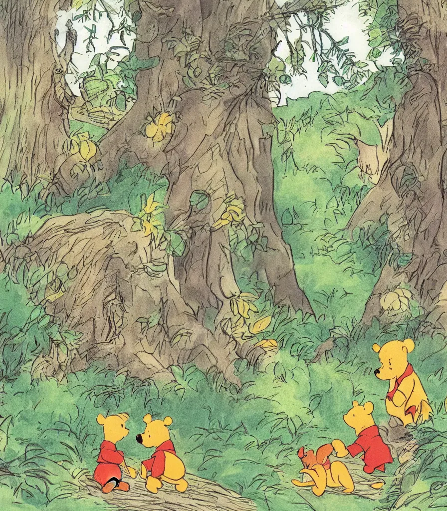 Image similar to a picture book illustration of a forest scene by a. a. milne featuring winnie the pooh and piglet