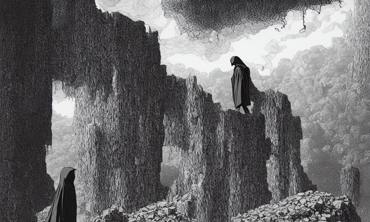 Prompt: a vibrant - colored ultraclear sideview of man wearing black cape hoodie in front of ruins in amazon landscape by laurie greasley and rene magritte, ( ( etching by gustave dore ) ), colorful flat surreal, ethereal, intricate, sharp focus, illustration, highly detailed, digital painting, concept art, masterpiece