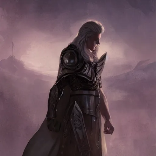 Image similar to dramatic masterpiece Greg Rutkowski male Aasimar paladin with platinum blonde hair praying amidst sorrow, realistic, cinematic lighting, WLOP, dungeons and dragons