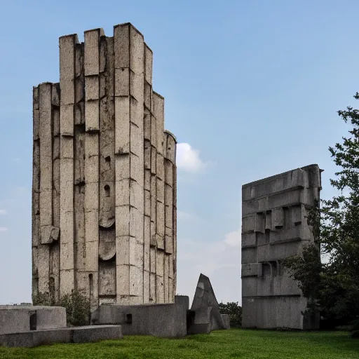 Prompt: scifi brutalist monumental castle, behemoth standing on a hill, with brutalist statues, photography