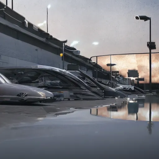 Image similar to parking several cars: center composition, photo ground view, motherboard forms designed by zaha hadid, sci-fi futuristic ultra realistic photography, keyshot render, octane render, unreal engine 5 lumen, high oiled liquid glossy specularity reflections, ultra detailed, golden hour, dramatic lighting 4k, 8k, 16k in the style ofblade runner 2049 Cyberpunk 2077 ghost in the shell thor 2 marvel film : tilt shift: sharp focus