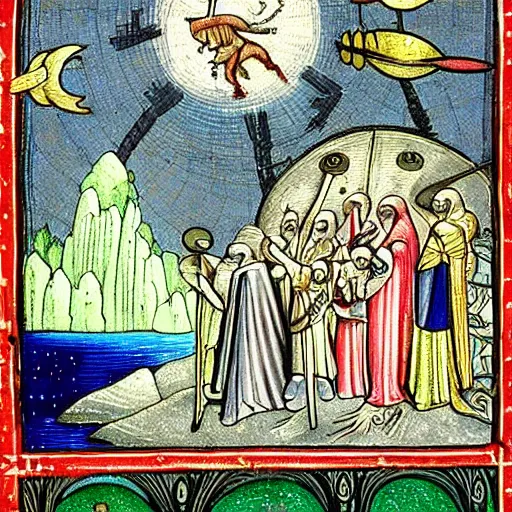 Prompt: First contact with grey aliens, medieval art, illuminated manuscript, historical, colored, detailed, masterpiece, flying saucer visible in the background
