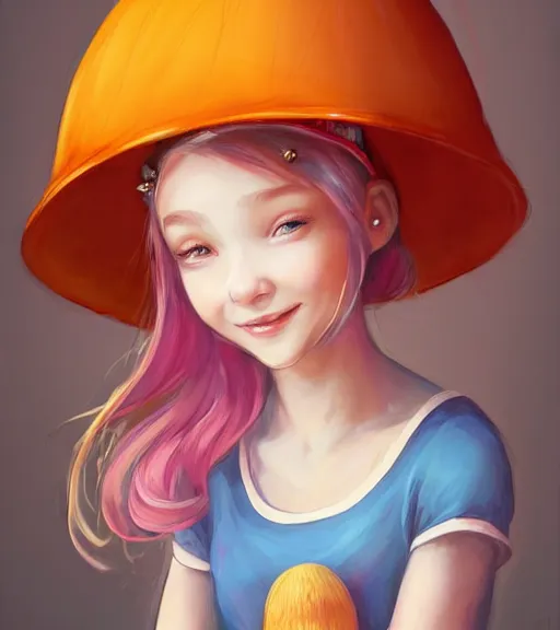 Image similar to a beautiful little girl wearing a mushroom hat sitting | | cute - fine - subtle smile, colorful hair, face, pretty face, fine details by stanley artgerm lau, wlop, rossdraws, james jean, andrei riabovitchev, marc simonetti, and sakimichan, trending on artstation