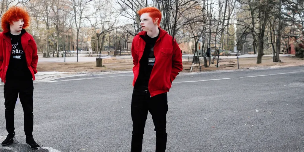 Image similar to man, man, man, man, red hair, black jacket, curly hair, fullbody, Caucasian, short hair,