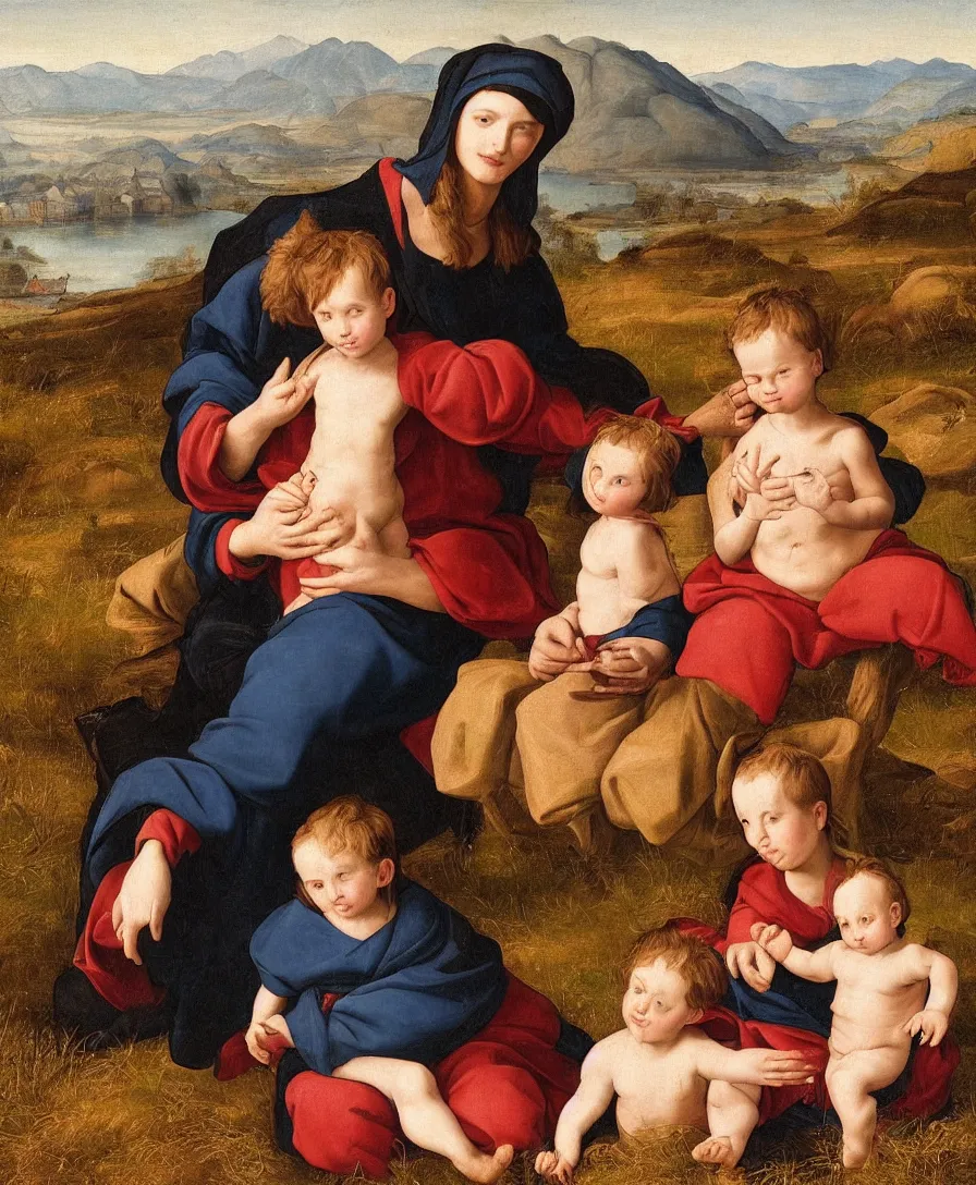 Image similar to Madonna sitting with two small boys in a dried out meadow, boy holding cross, lake, mountains, town in background, close up, in the style of Raffael, oil painting, Italian Renaissance