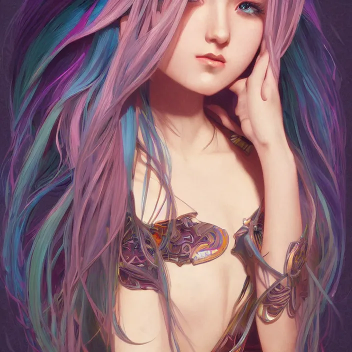 Image similar to portrait of beautiful symmetrical anime girl, rainbow hair, attractive, casual, modern, victoria's secret, highly detailed, digital painting, artstation, concept art, smooth, sharp focus, illustration, art by artgerm, greg rutkowski and alphonse mucha, 8 k,