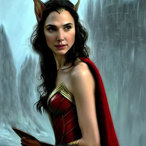 Image similar to An enchanting portrait of Gal Gadot as an elf in evening gown, evening, detailed matte painting, cinematic, Alan Lee, Artstation