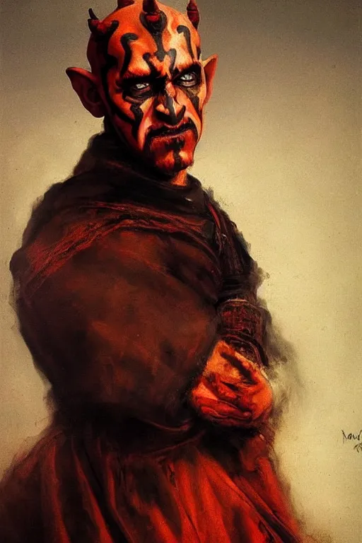 Prompt: Reinassance-style portrait of Darth Maul painted by Rembrandt, warm light, highly detailed, masterpiece, high quality