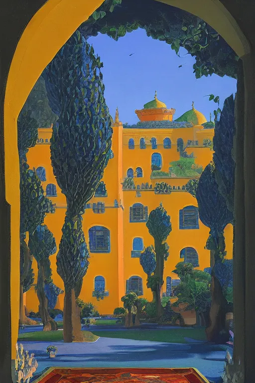 Image similar to view of the ancient blue tower in its gardens after a storm, tall windows, beautiful moorish ornament, dramatic cinematic lighting, rich colors, golden age illustration, by Sylvain Sarrailh and Nicholas Roerich and Ludwig Deutsch and April Gornik