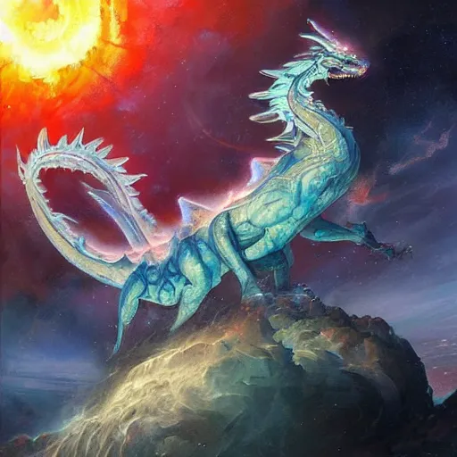 Prompt: prompt crystalline blue dragon in space, devouring a planet, planets, sun system, nebula, oil painting, by Fernanda Suarez and and Edgar Maxence and greg rutkowski