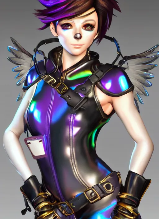 Image similar to portrait bust digital artwork of tracer overwatch, wearing iridescent rainbow latex and leather straps catsuit outfit, makeup, in style of mark arian, angel wings, wearing detailed leather collar, chains, black leather harness, detailed face and eyes,