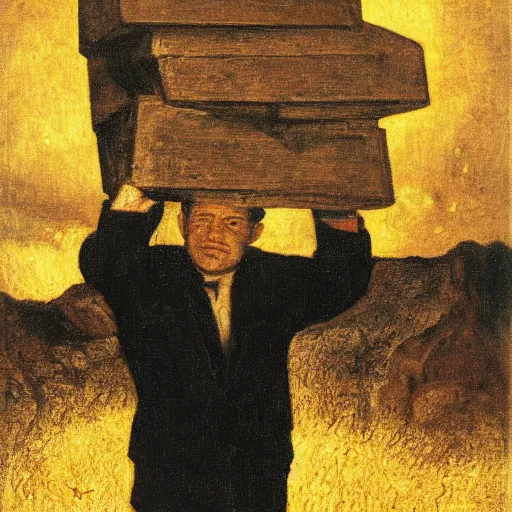 Prompt: Benjamin Netanyahu carrying large chunks of gold on his shoulders up a black mountain in hell, dark sky, by Franz Stuck